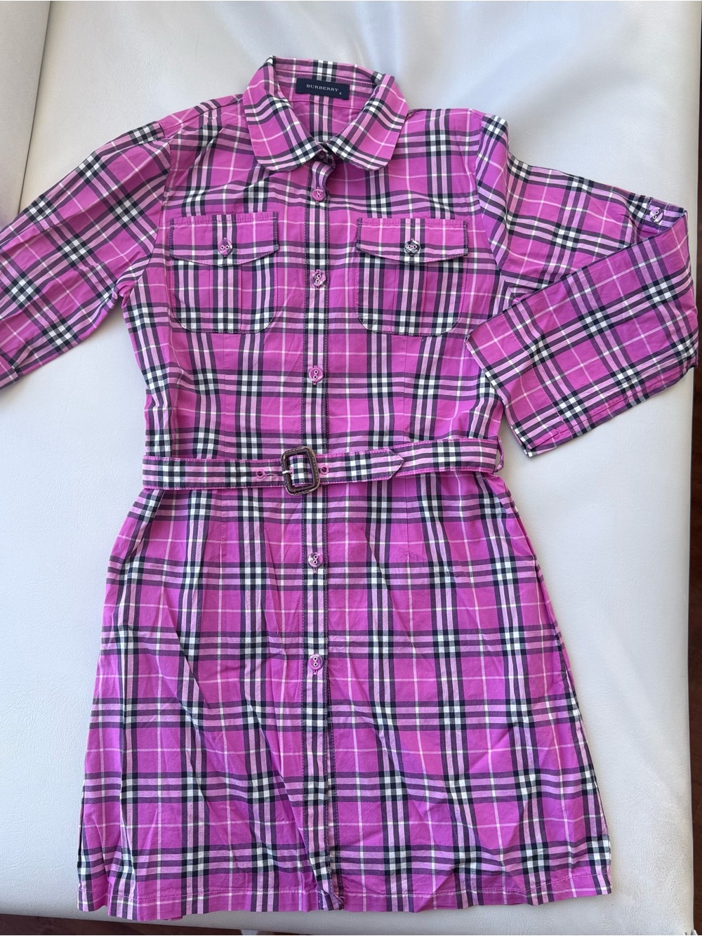 Burberry dress button down 8T adjustable sleeves pink Burberry belt